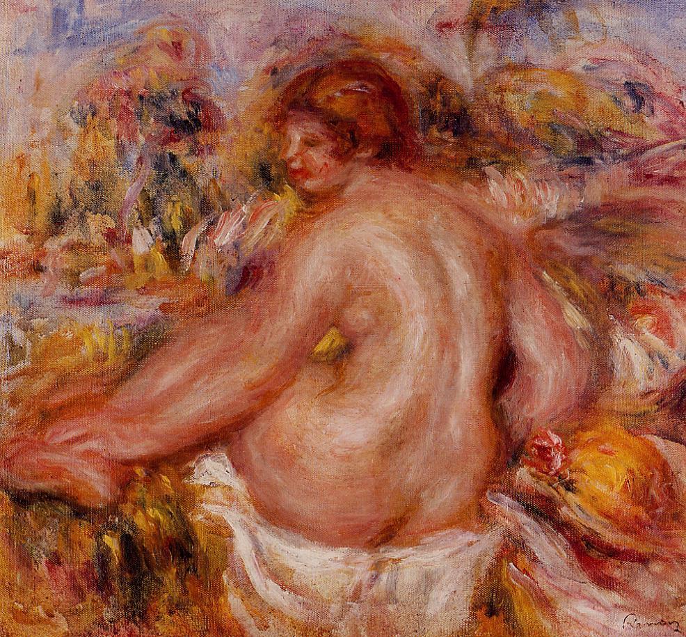 After Bathing, Seated Female Nude - Pierre-Auguste Renoir painting on canvas